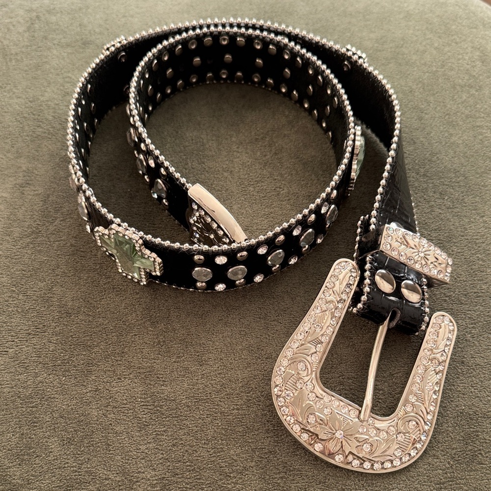 Cowgirl Cowboy black studded belt silver rhinestones Cross Accents western Small